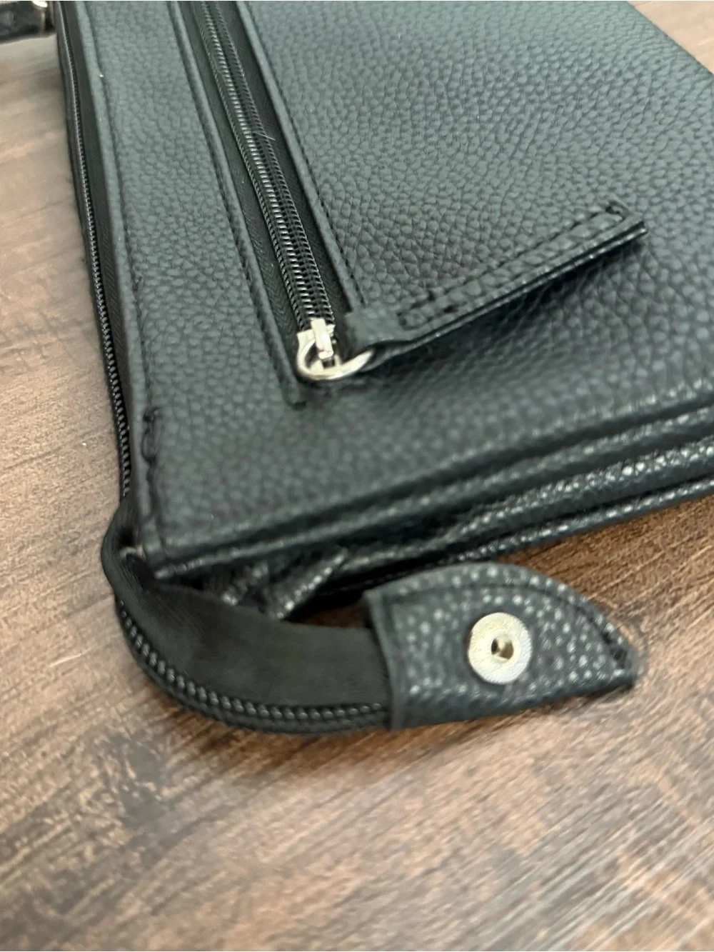 Black Pebbled Leather Wristlet Clutch with Logo Accent